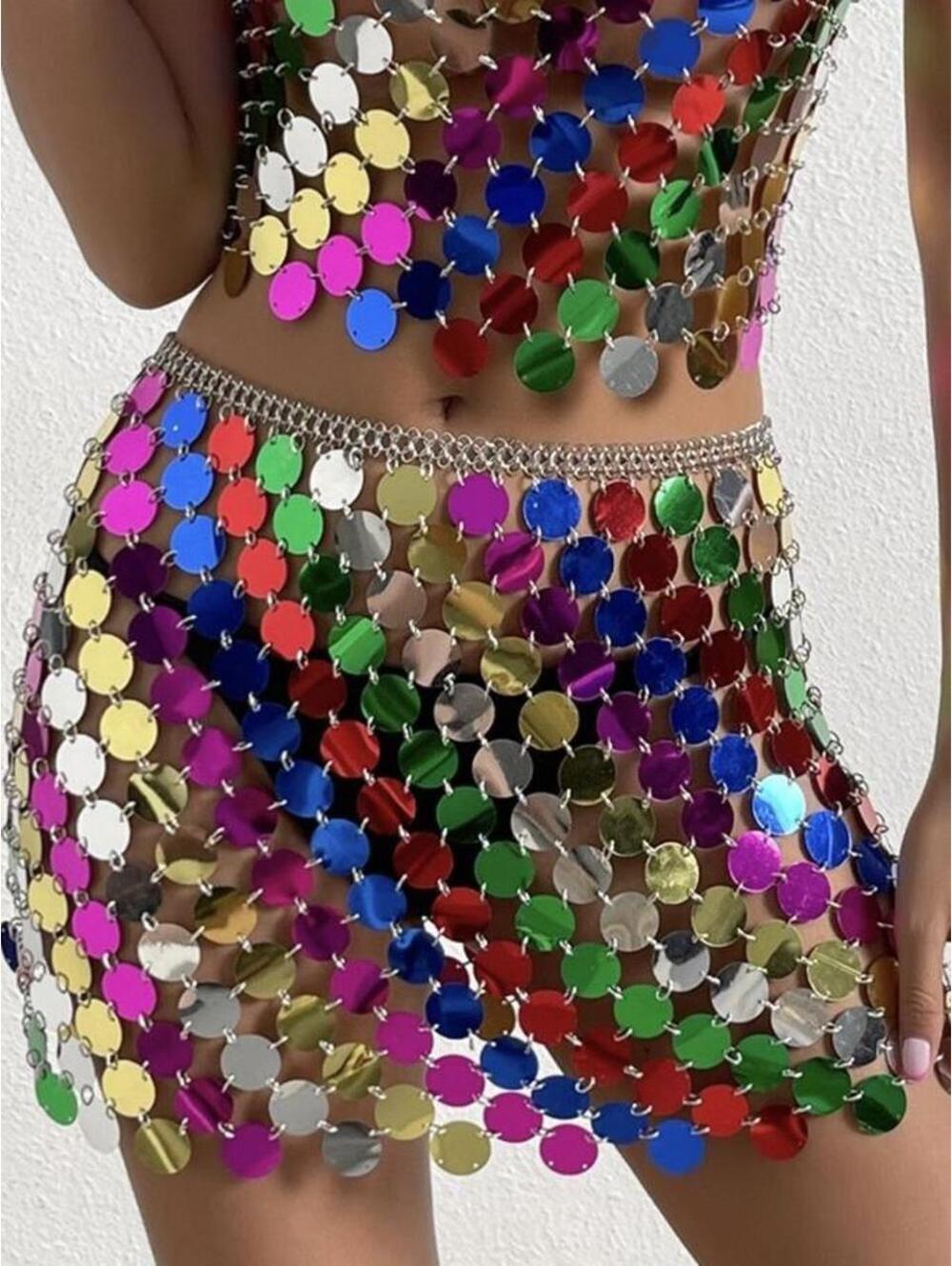 Shinygal Colorful Fish Scale Skirt Set (SKIRT ONLY) w/ Chain Link, Festival/Rave